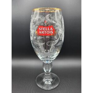 Stella Artois Beer Glass Chalice Gold Rim Etched Design Belgium